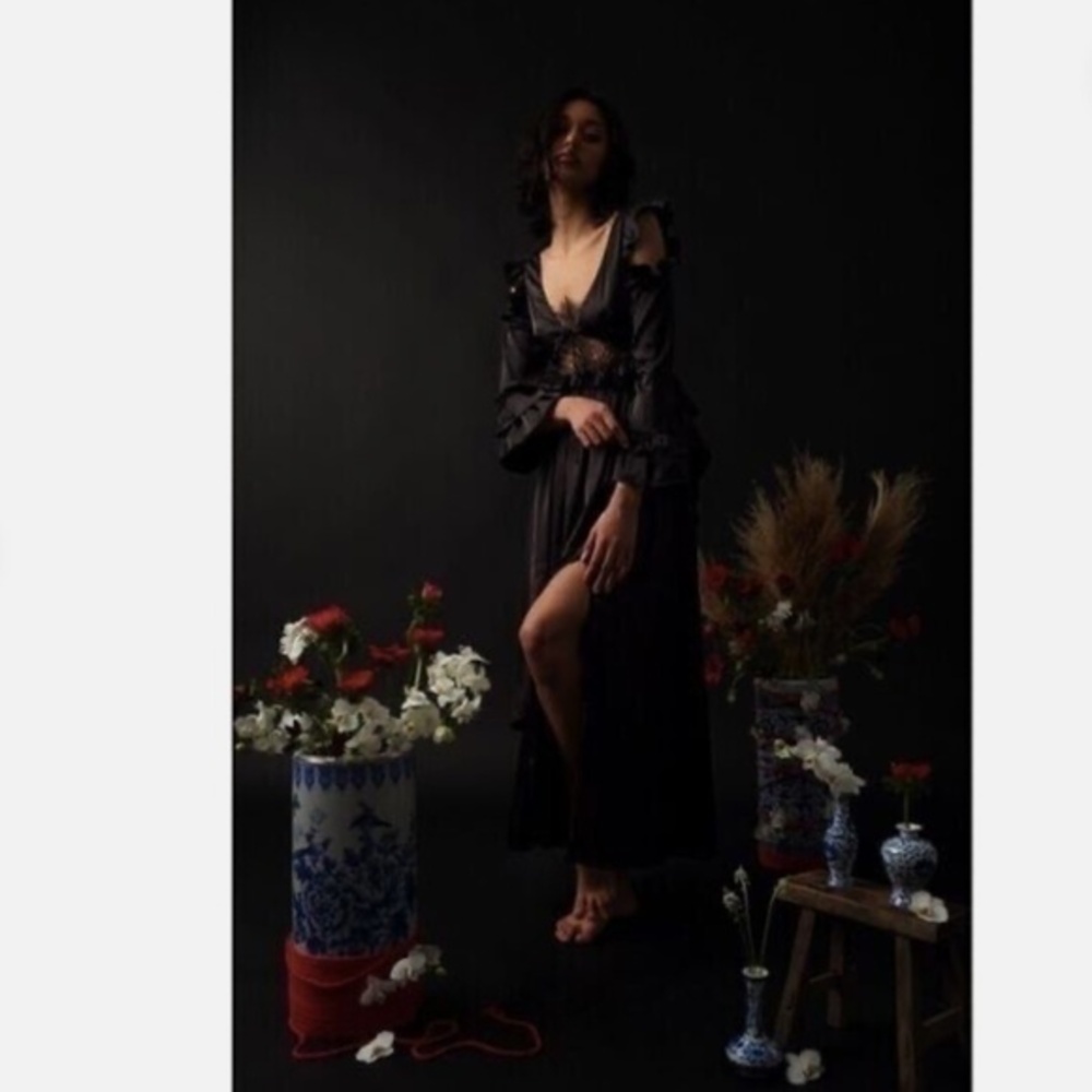 Allina Liu Black Whimsigoth Romantic Valkyrie Sexy Lace Satin Maxi Dress S